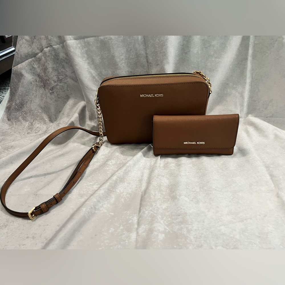 Michael Kors Brown Saffiano Crossbody Bag with Matching Wallet